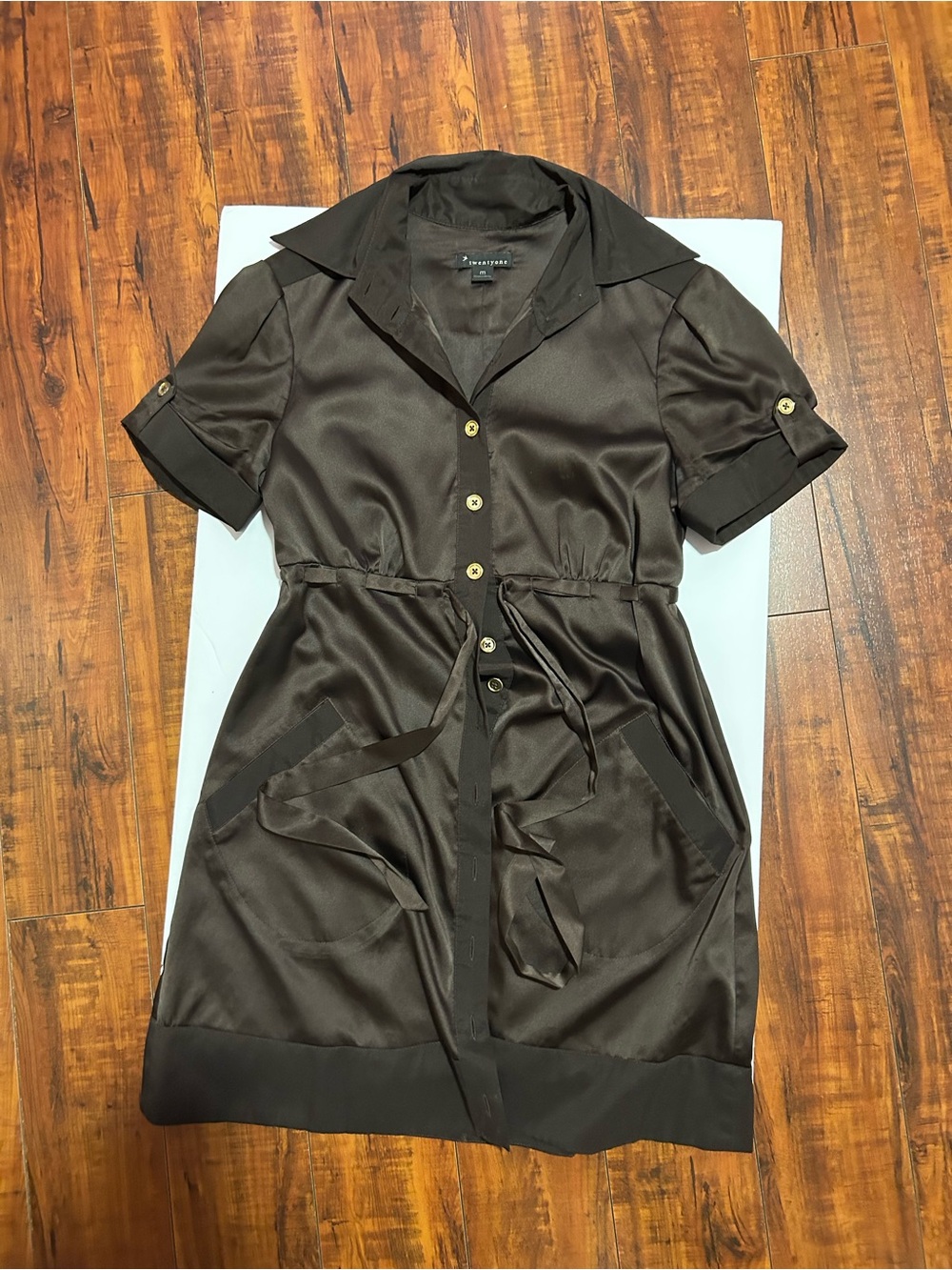 Forever 21 Chocolate Brown Satin Shirt Dress with Tie Waist